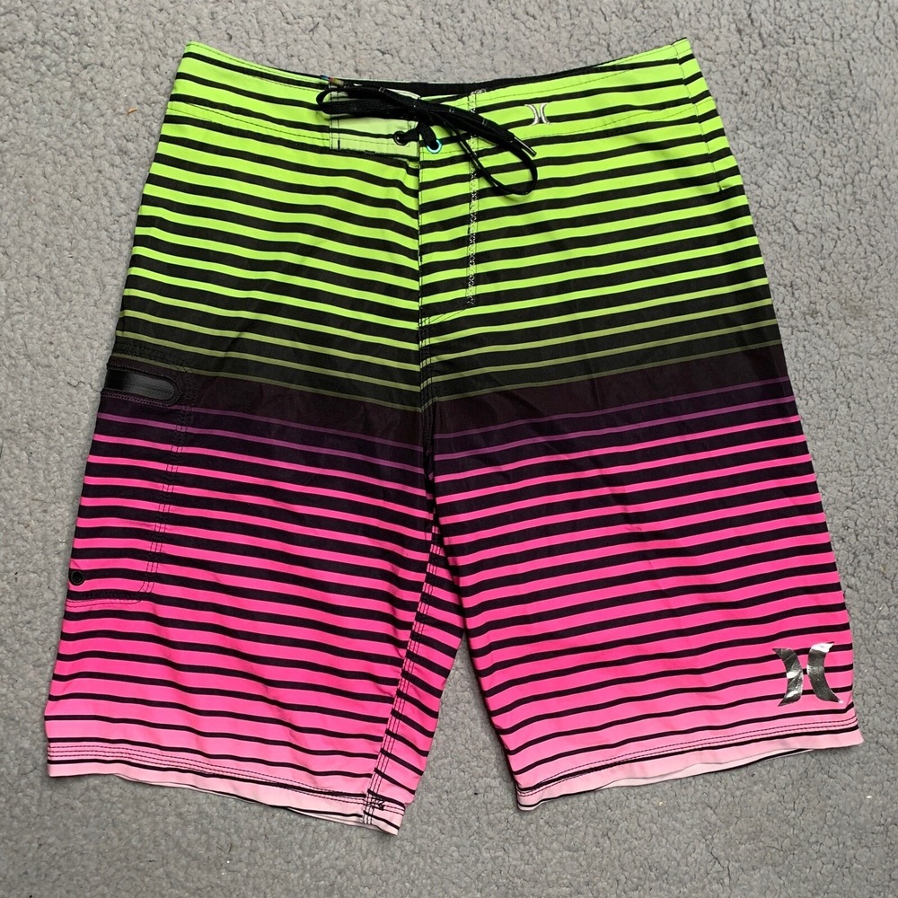 Hurley‎ Phantom Board Shorts Mens Sz 28 Green Black Pink Striped Swim Trunk Surf